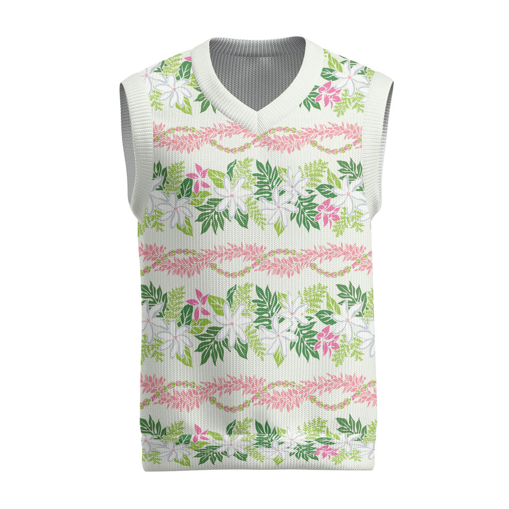 Monstera Tiare Plumeria Lei Pattern Christmas Knitted V-Neck Vest Green Version