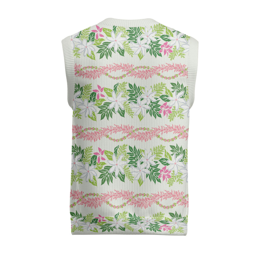 Monstera Tiare Plumeria Lei Pattern Christmas Knitted V-Neck Vest Green Version