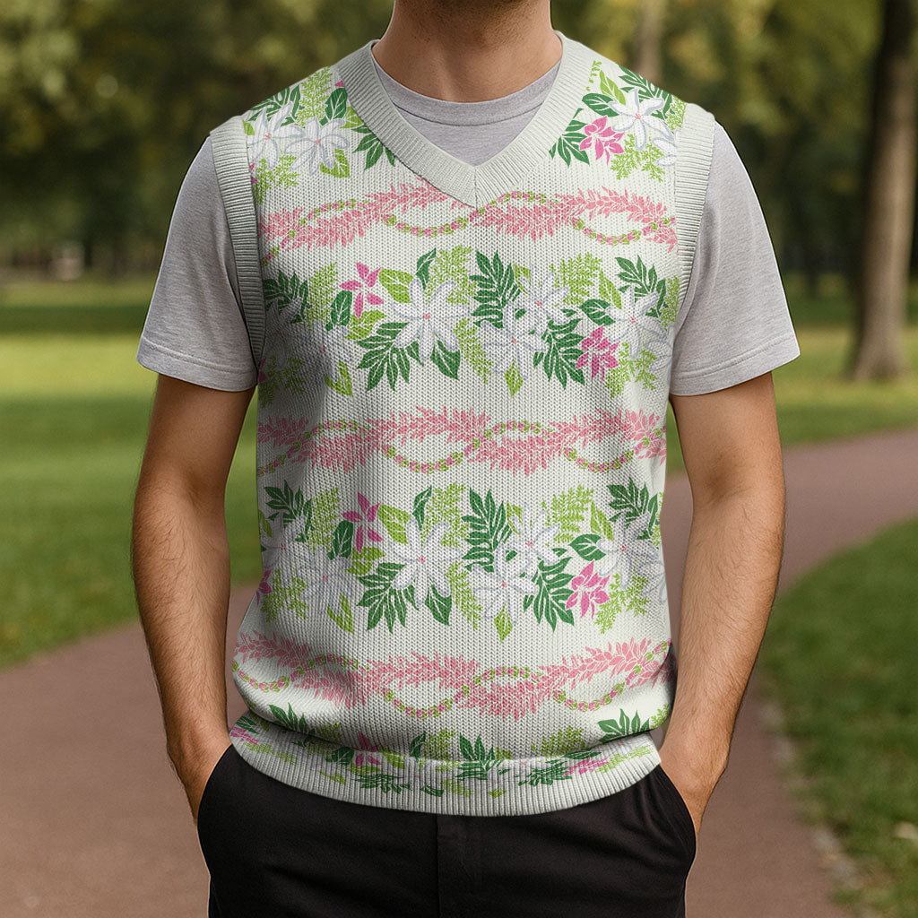 Monstera Tiare Plumeria Lei Pattern Christmas Knitted V-Neck Vest Green Version