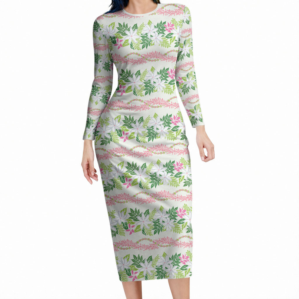 Monstera Tiare Plumeria Lei Pattern Long Sleeve Bodycon Dress Green Version