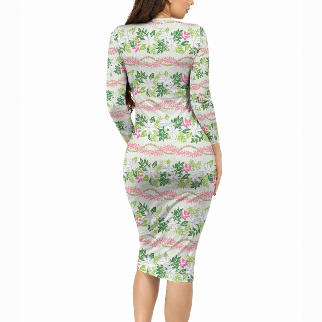 Monstera Tiare Plumeria Lei Pattern Long Sleeve Bodycon Dress Green Version
