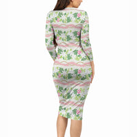 Monstera Tiare Plumeria Lei Pattern Long Sleeve Bodycon Dress Green Version