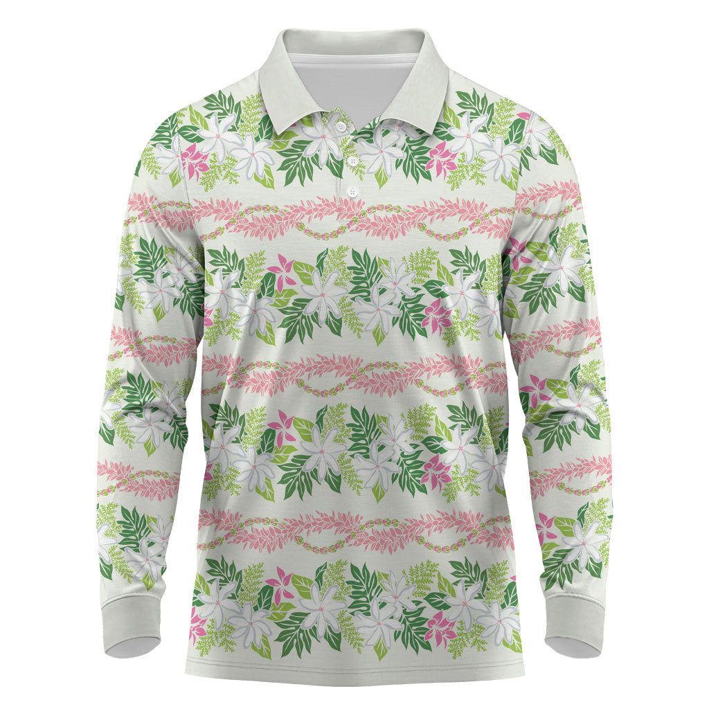 Monstera Tiare Plumeria Lei Pattern Long Sleeve Polo Shirt Green Version LT01 Green - Polynesian Pride