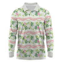 Monstera Tiare Plumeria Lei Pattern Long Sleeve Polo Shirt Green Version LT01 Green - Polynesian Pride
