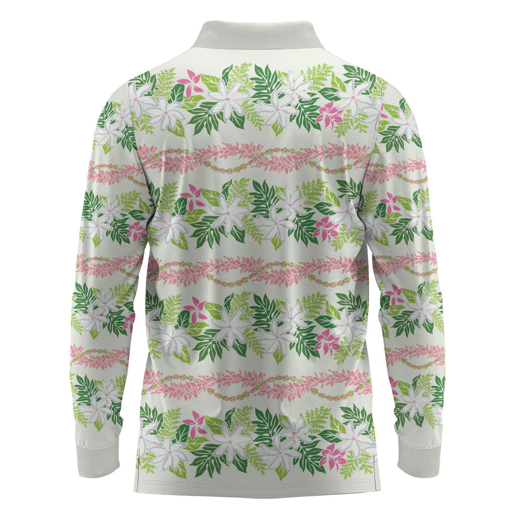Monstera Tiare Plumeria Lei Pattern Long Sleeve Polo Shirt Green Version LT01 - Polynesian Pride
