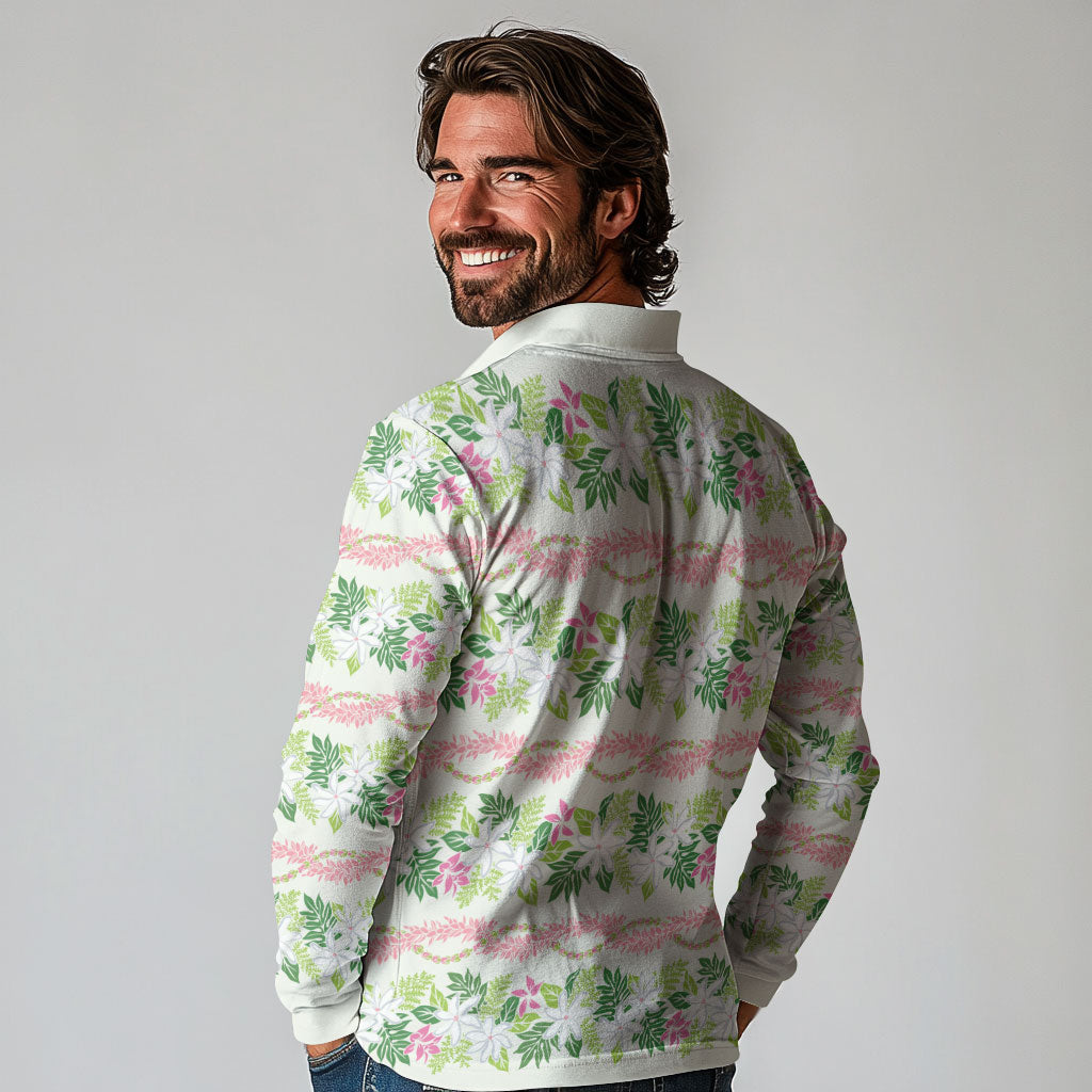 Monstera Tiare Plumeria Lei Pattern Long Sleeve Polo Shirt Green Version LT01 - Polynesian Pride