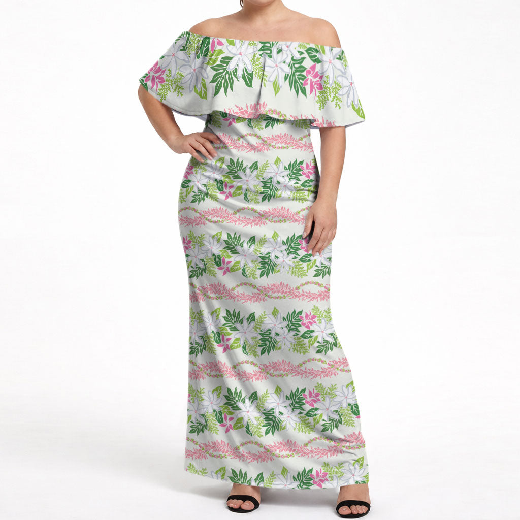 Monstera Tiare Plumeria Lei Pattern Off Shoulder Maxi Dress Green Version LT01 Women Green - Polynesian Pride