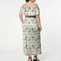 Monstera Tiare Plumeria Lei Pattern Off Shoulder Maxi Dress Green Version LT01 - Polynesian Pride