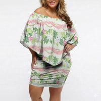 Monstera Tiare Plumeria Lei Pattern Off Shoulder Short Dress Green Version