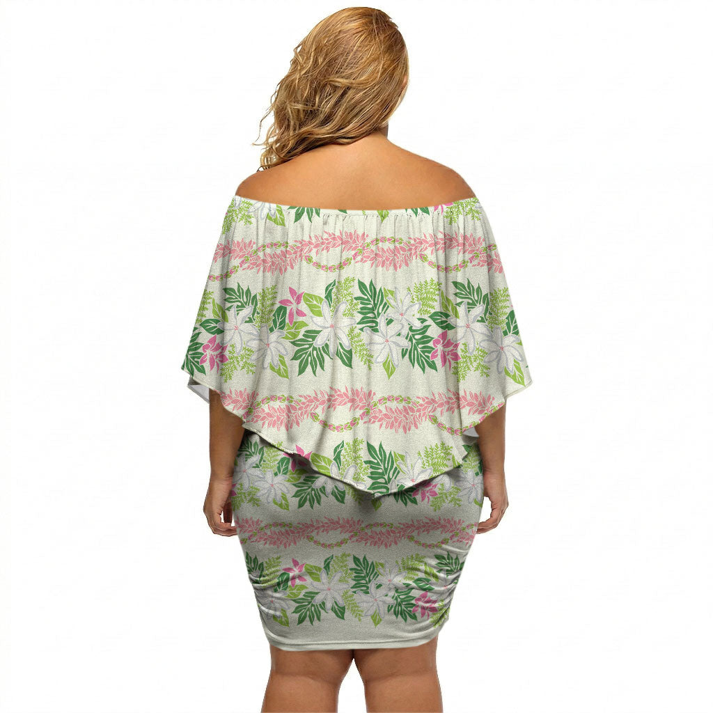 Monstera Tiare Plumeria Lei Pattern Off Shoulder Short Dress Green Version