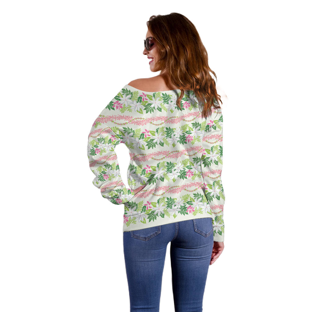 Monstera Tiare Plumeria Lei Pattern Off Shoulder Sweater Green Version LT01 - Polynesian Pride