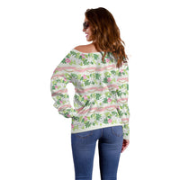 Monstera Tiare Plumeria Lei Pattern Off Shoulder Sweater Green Version LT01 - Polynesian Pride