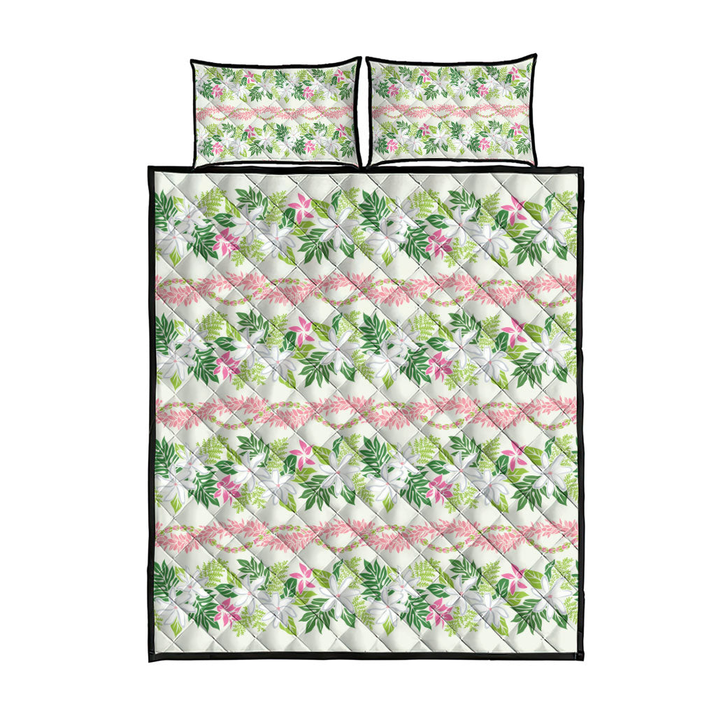 Monstera Tiare Plumeria Lei Pattern Quilt Bed Set Green Version