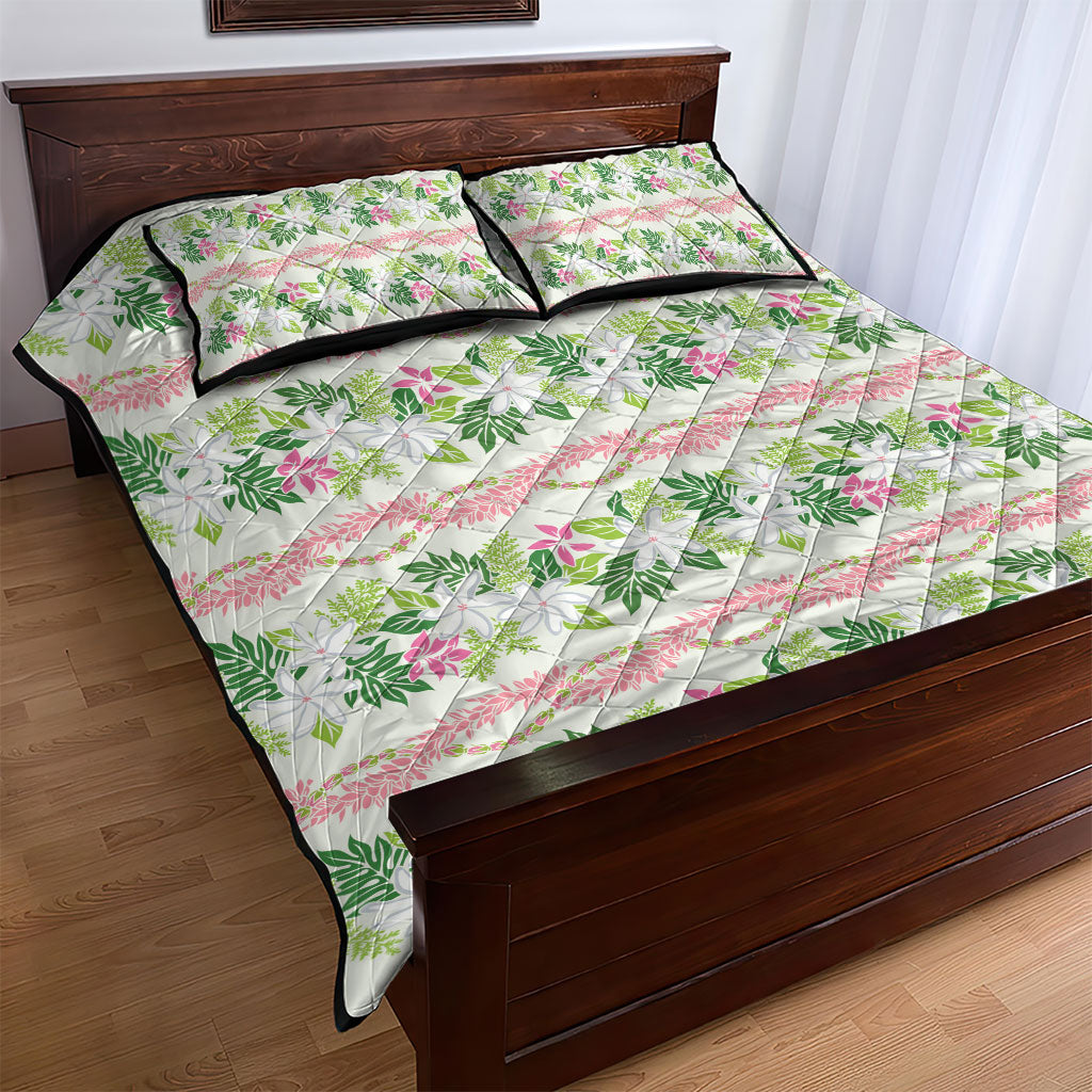 Monstera Tiare Plumeria Lei Pattern Quilt Bed Set Green Version