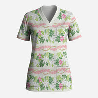 Monstera Tiare Plumeria Lei Pattern Scrub Top Green Version