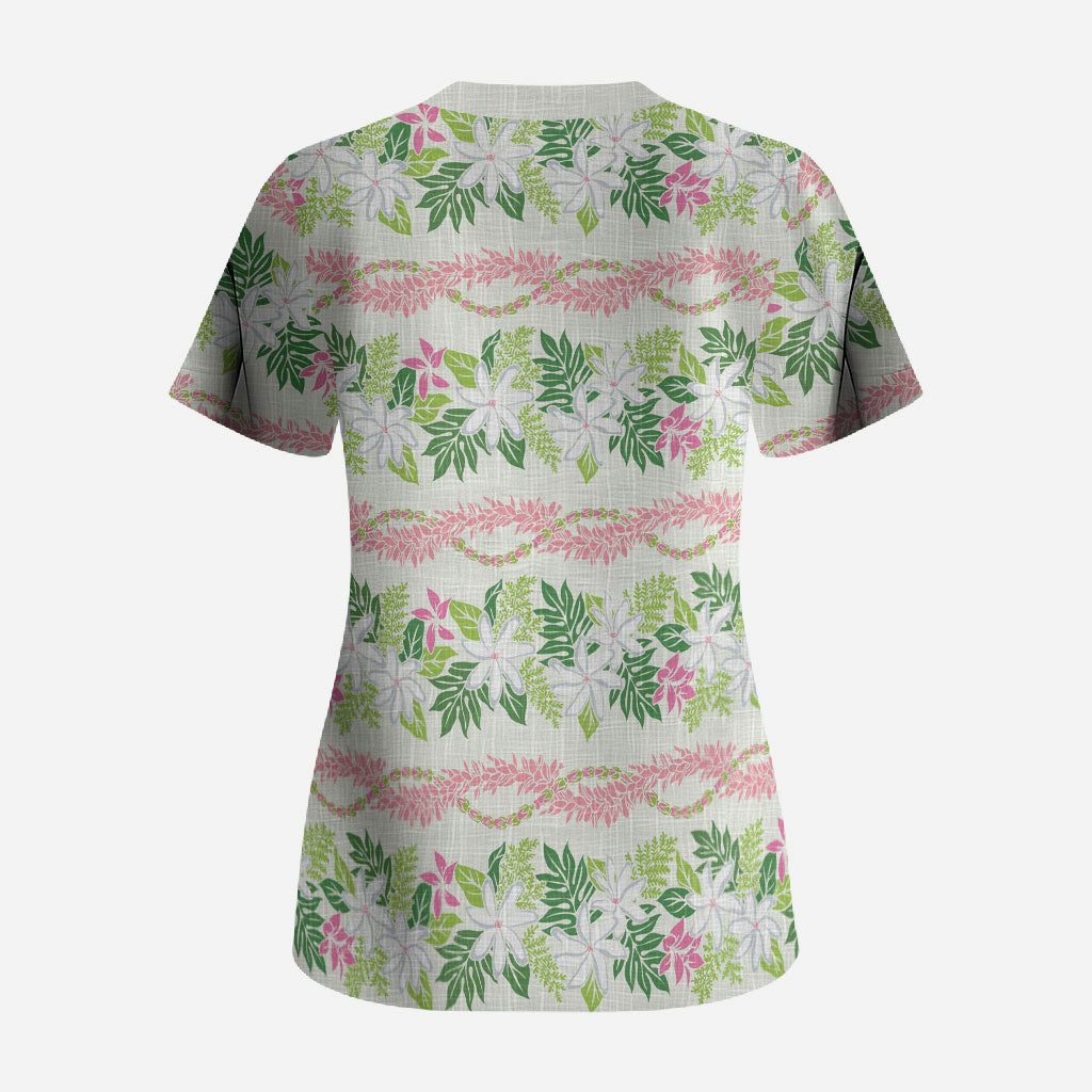 Monstera Tiare Plumeria Lei Pattern Scrub Top Green Version