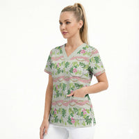 Monstera Tiare Plumeria Lei Pattern Scrub Top Green Version