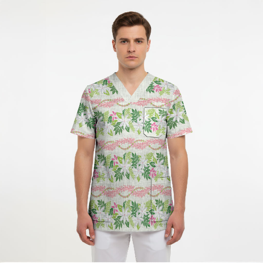 Monstera Tiare Plumeria Lei Pattern Scrub Top Green Version