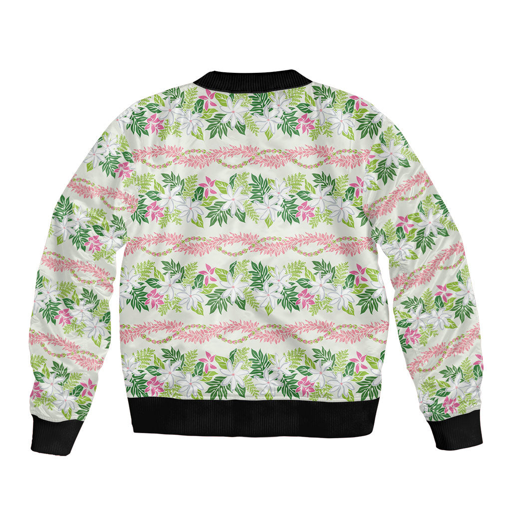 Monstera Tiare Plumeria Lei Pattern Sleeve Zip Bomber Jacket Green Version LT01 - Polynesian Pride