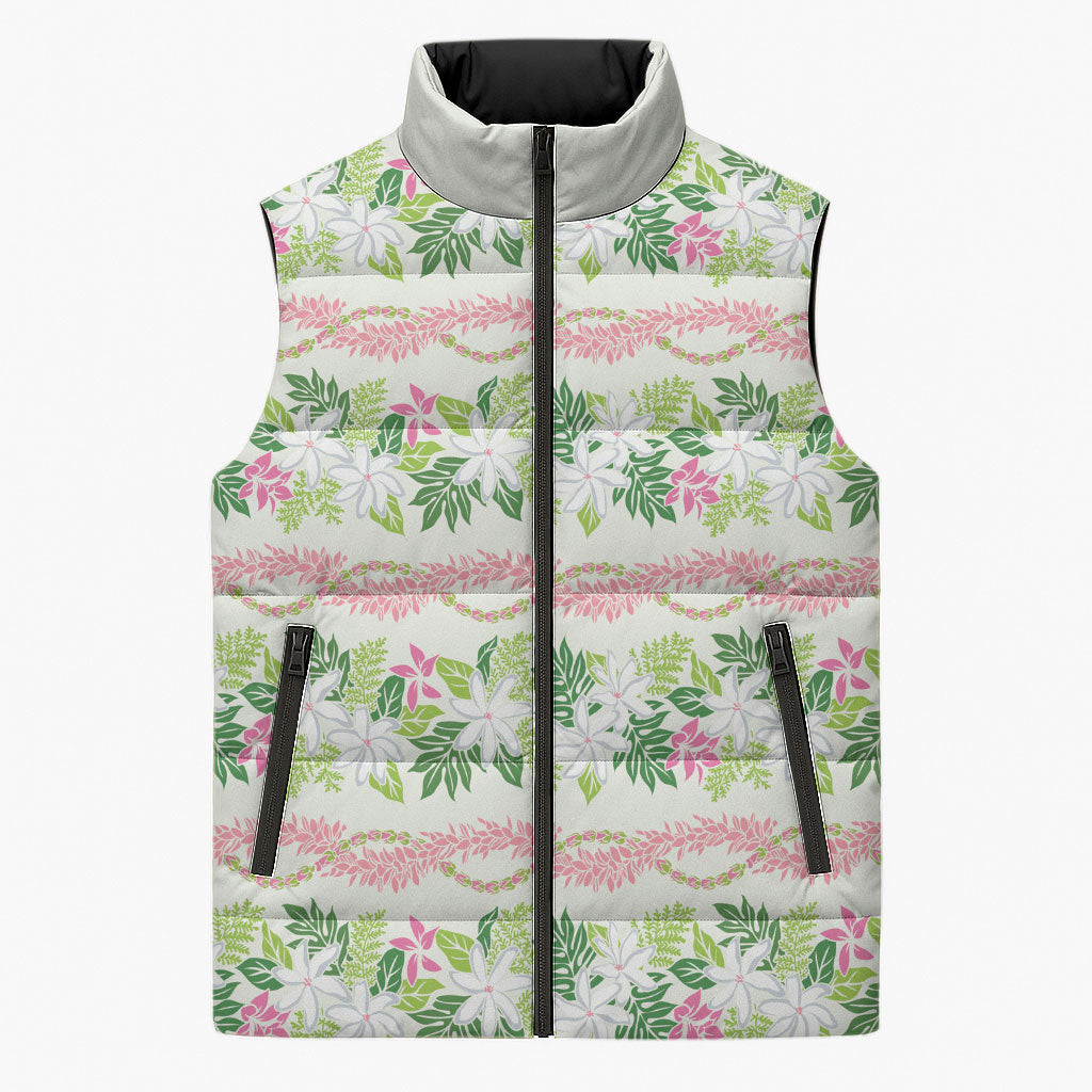 Monstera Tiare Plumeria Lei Pattern Sleeveless Puffer Jacket Green Version