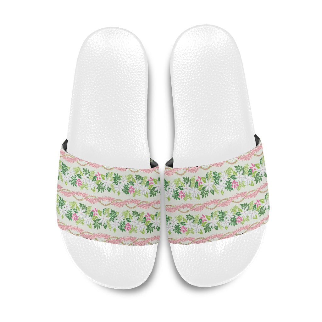 Monstera Tiare Plumeria Lei Pattern Slide Sandals Green Version LT01 Green - Polynesian Pride