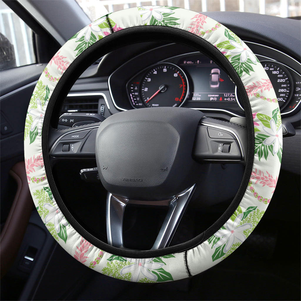 Monstera Tiare Plumeria Lei Pattern Steering Wheel Cover Green Version LT01 - Polynesian Pride