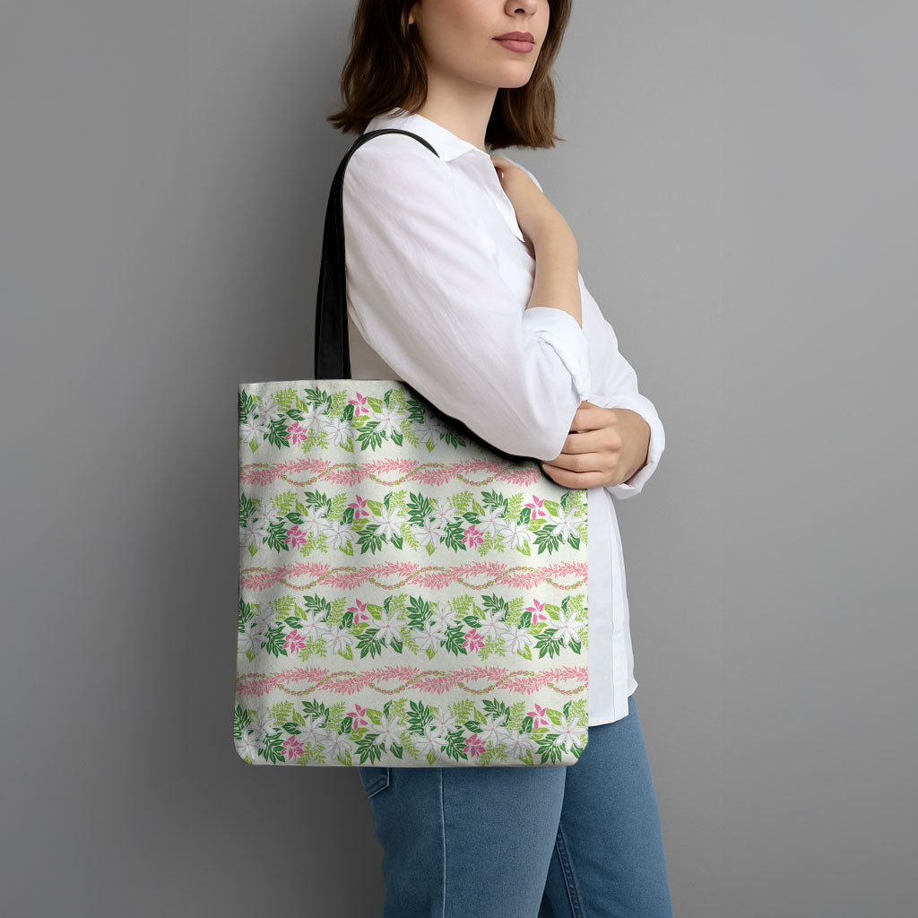 Monstera Tiare Plumeria Lei Pattern Tote Bag Green Version