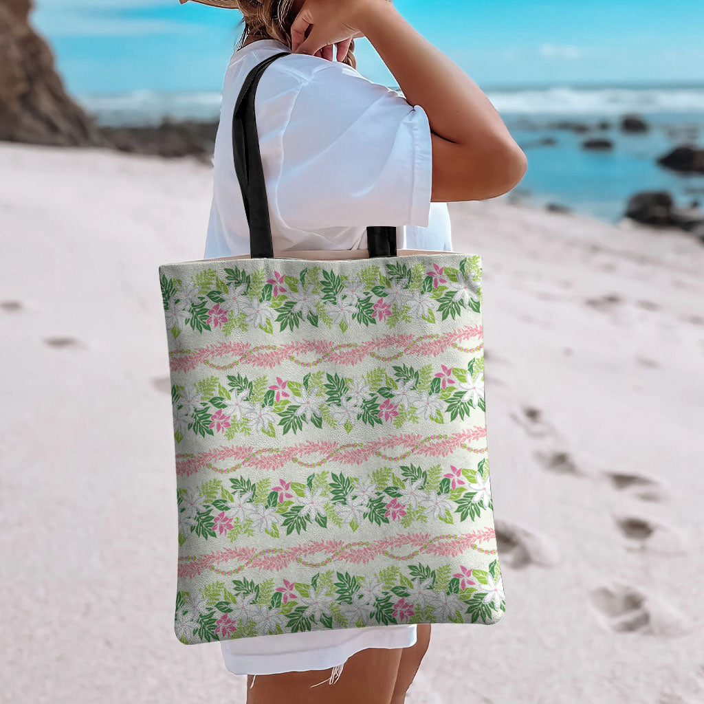 Monstera Tiare Plumeria Lei Pattern Tote Bag Green Version