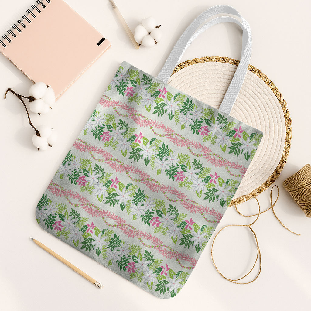 Monstera Tiare Plumeria Lei Pattern Tote Bag Green Version