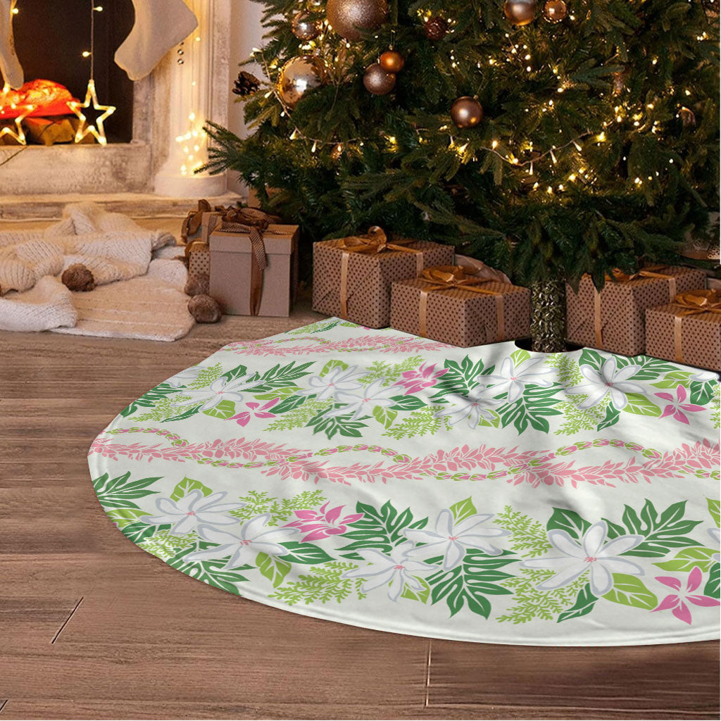 Monstera Tiare Plumeria Lei Pattern Tree Skirt Green Version