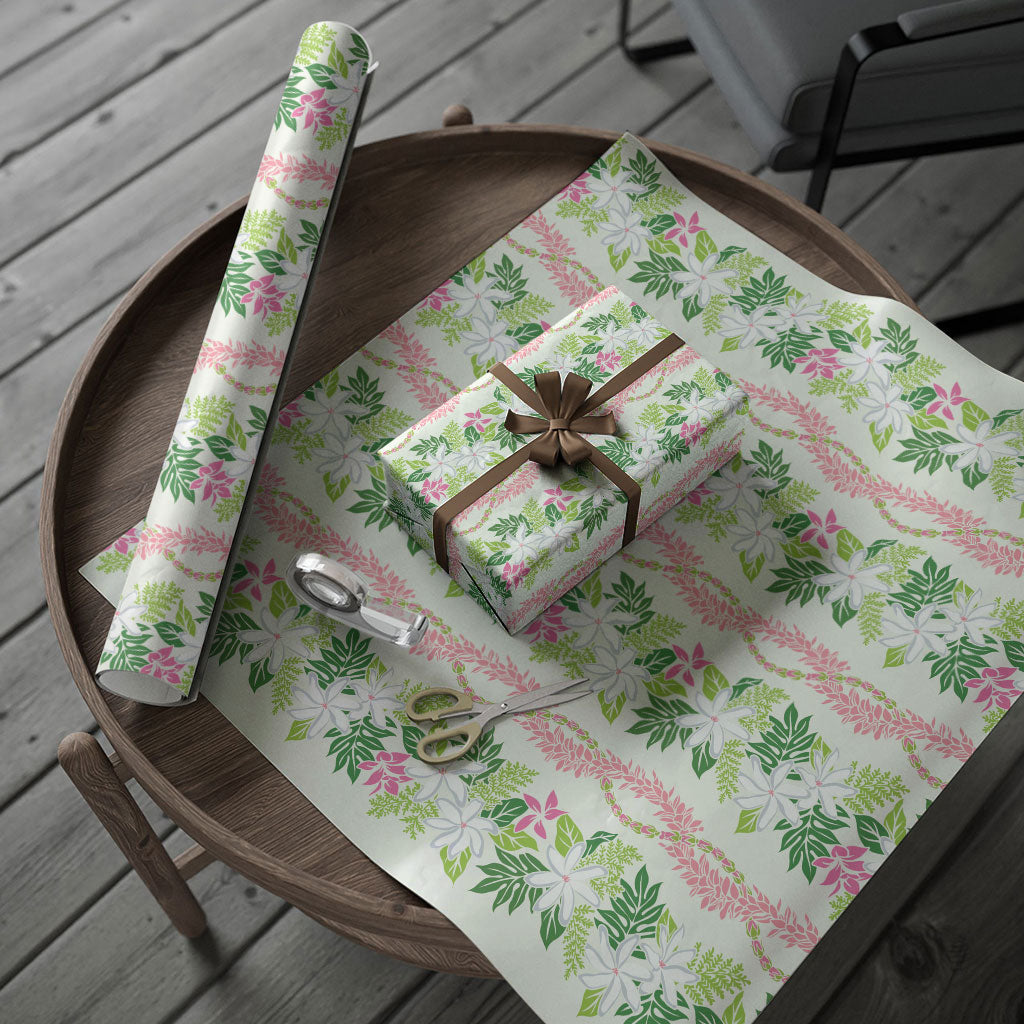 Monstera Tiare Plumeria Lei Pattern Wrapping Paper Green Version