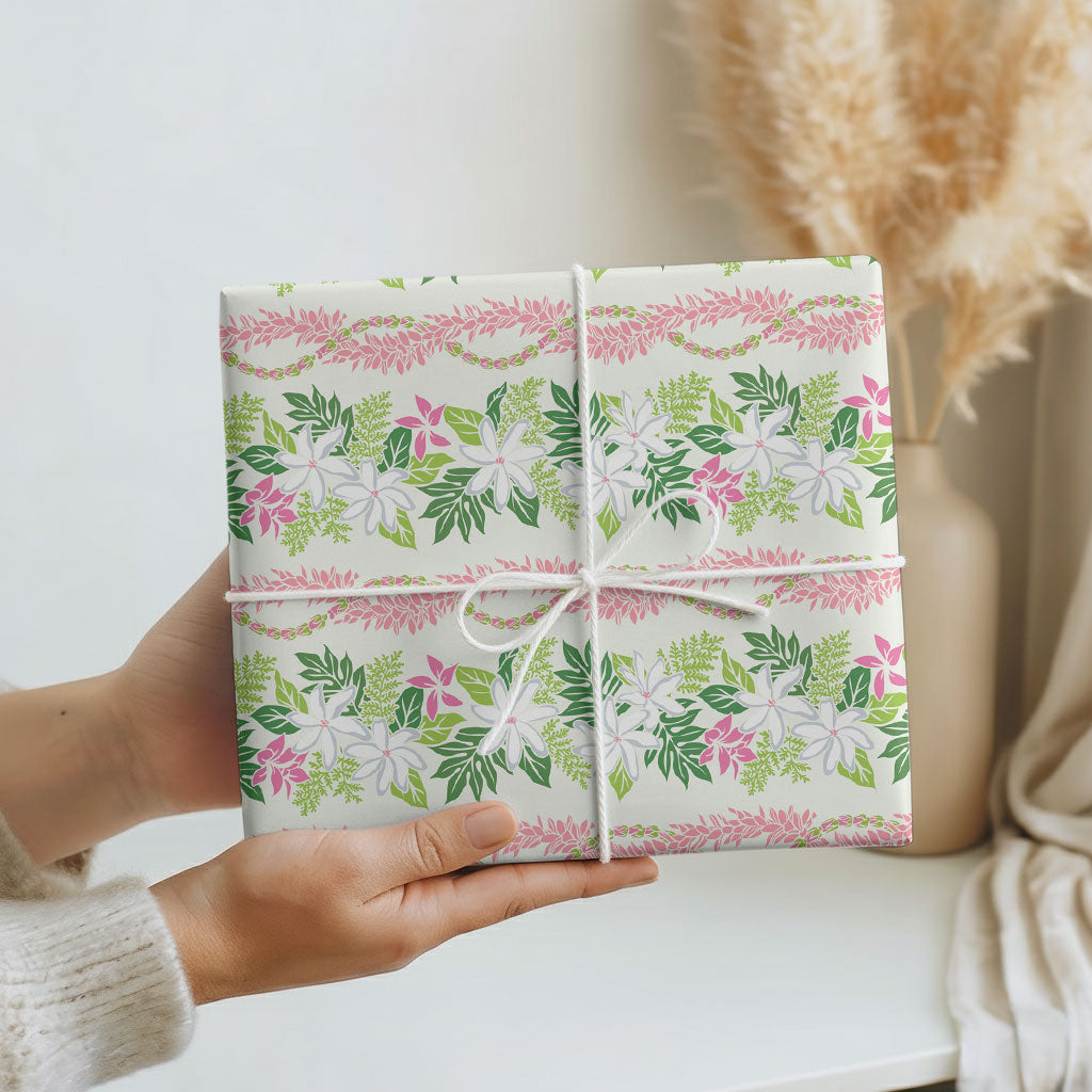 Monstera Tiare Plumeria Lei Pattern Wrapping Paper Green Version