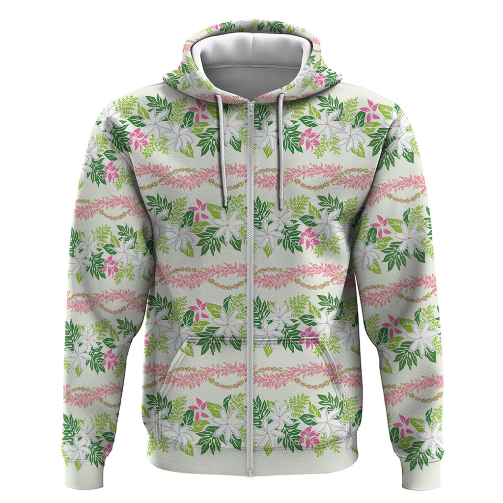 Monstera Tiare Plumeria Lei Pattern Zip Hoodie Green Version