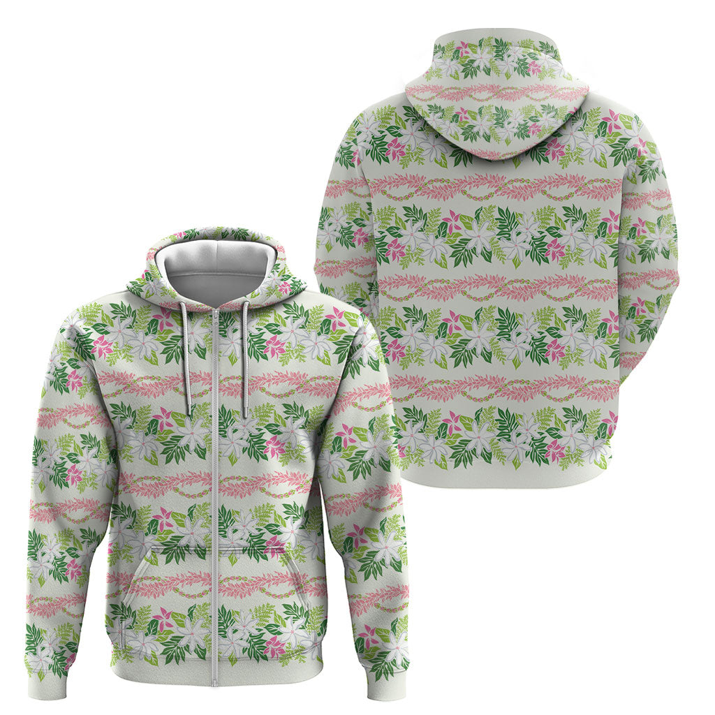 Monstera Tiare Plumeria Lei Pattern Zip Hoodie Green Version