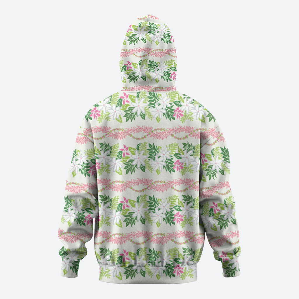 Monstera Tiare Plumeria Lei Pattern Zip Hoodie Green Version