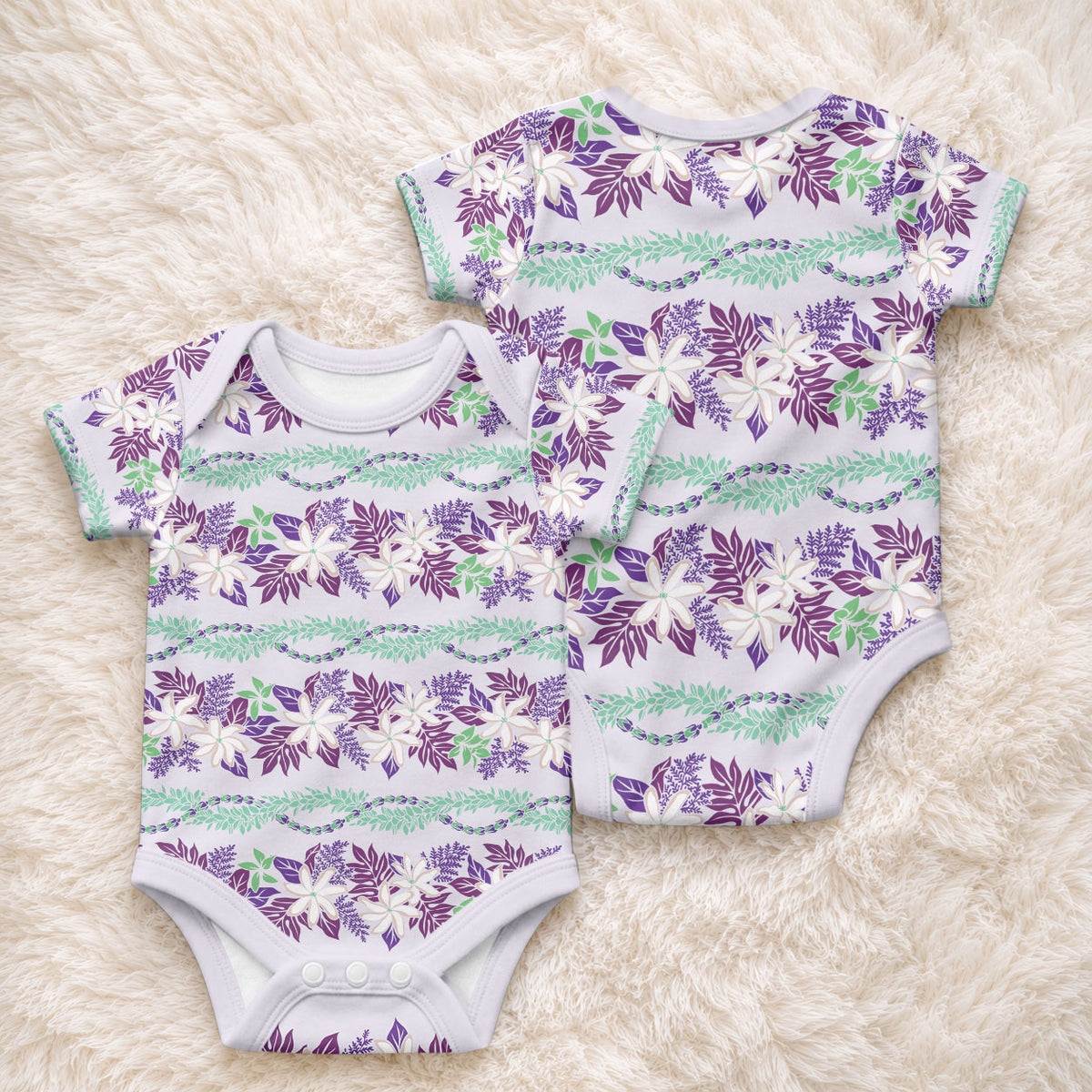 Monstera Tiare Plumeria Lei Pattern Baby Onesie Purple Version