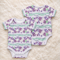 Monstera Tiare Plumeria Lei Pattern Baby Onesie Purple Version