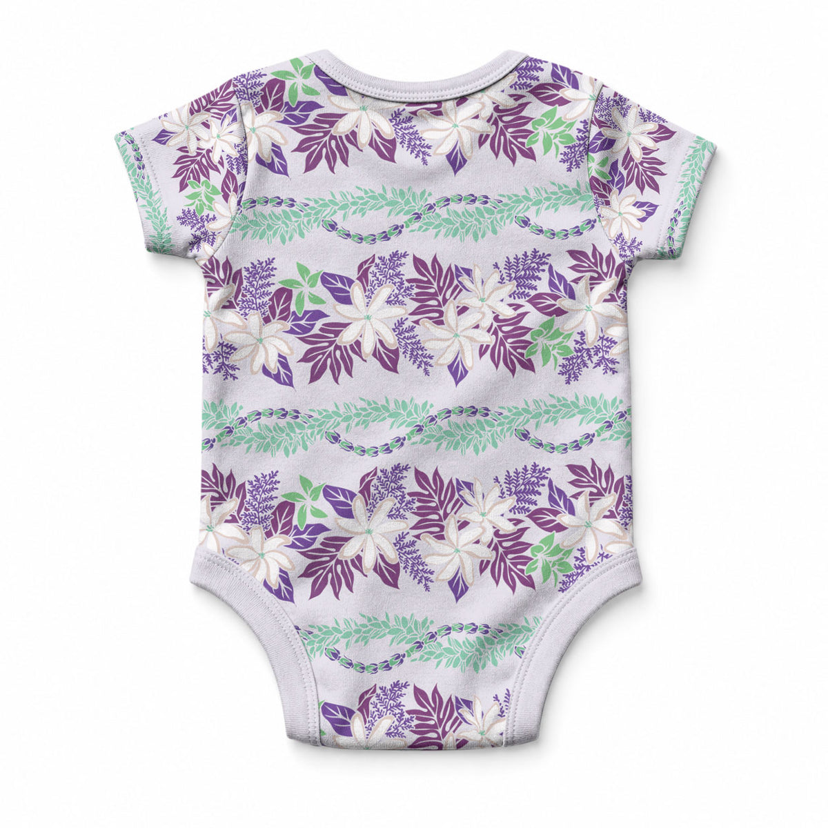 Monstera Tiare Plumeria Lei Pattern Baby Onesie Purple Version