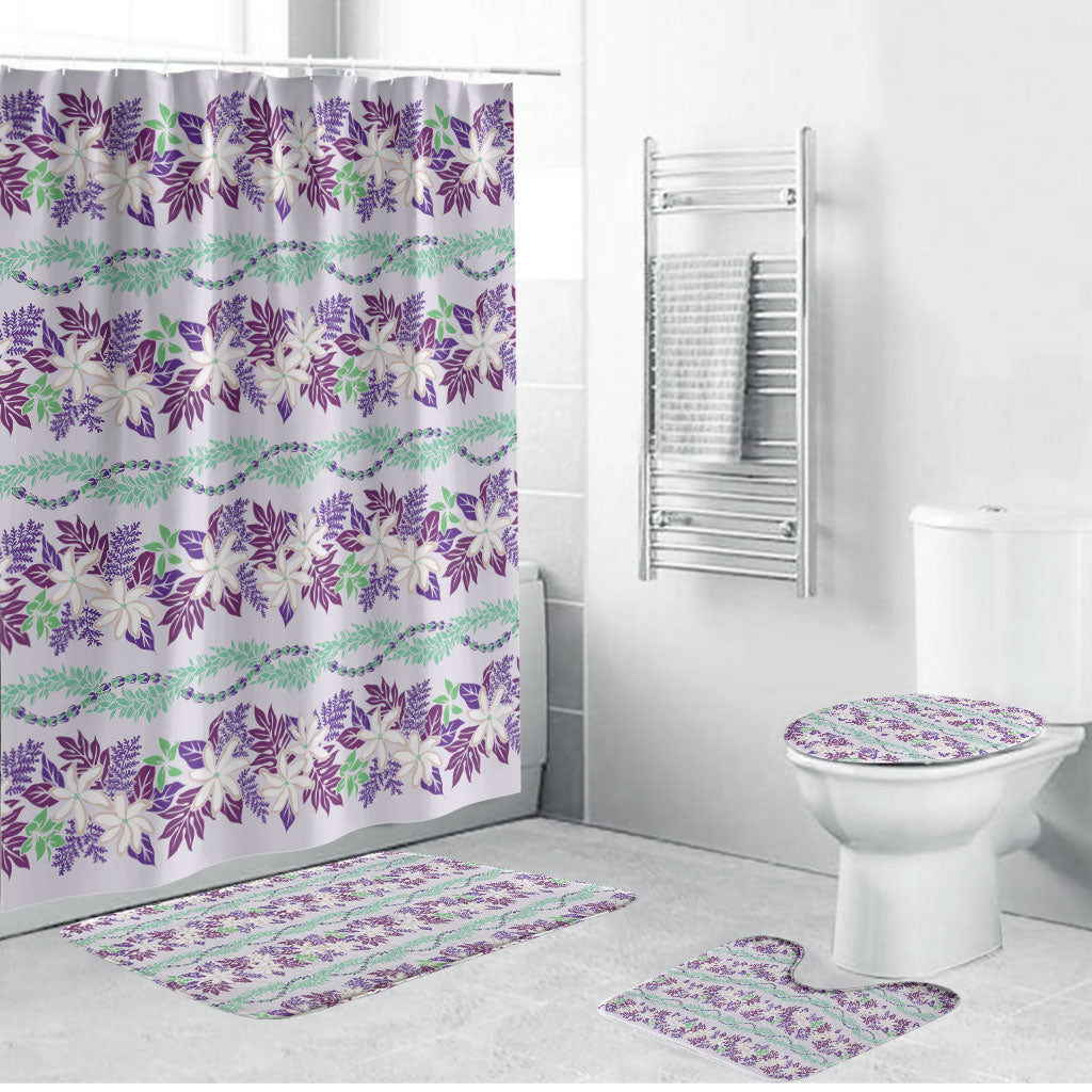 Monstera Tiare Plumeria Lei Pattern Bathroom Set Purple Version LT01 Bathroom Set (4 pcs) Purple - Polynesian Pride