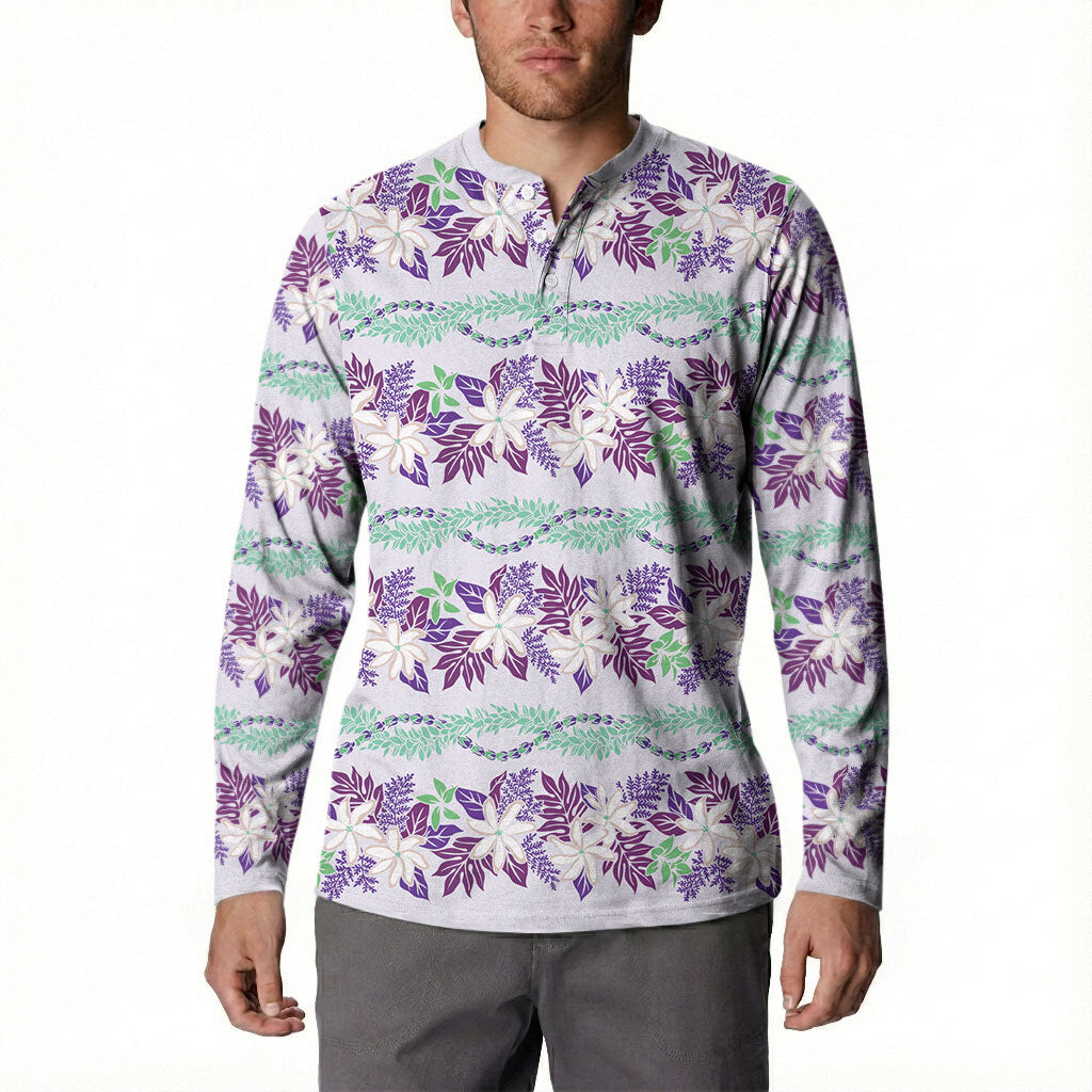 Monstera Tiare Plumeria Lei Pattern Button Sweatshirt Purple Version