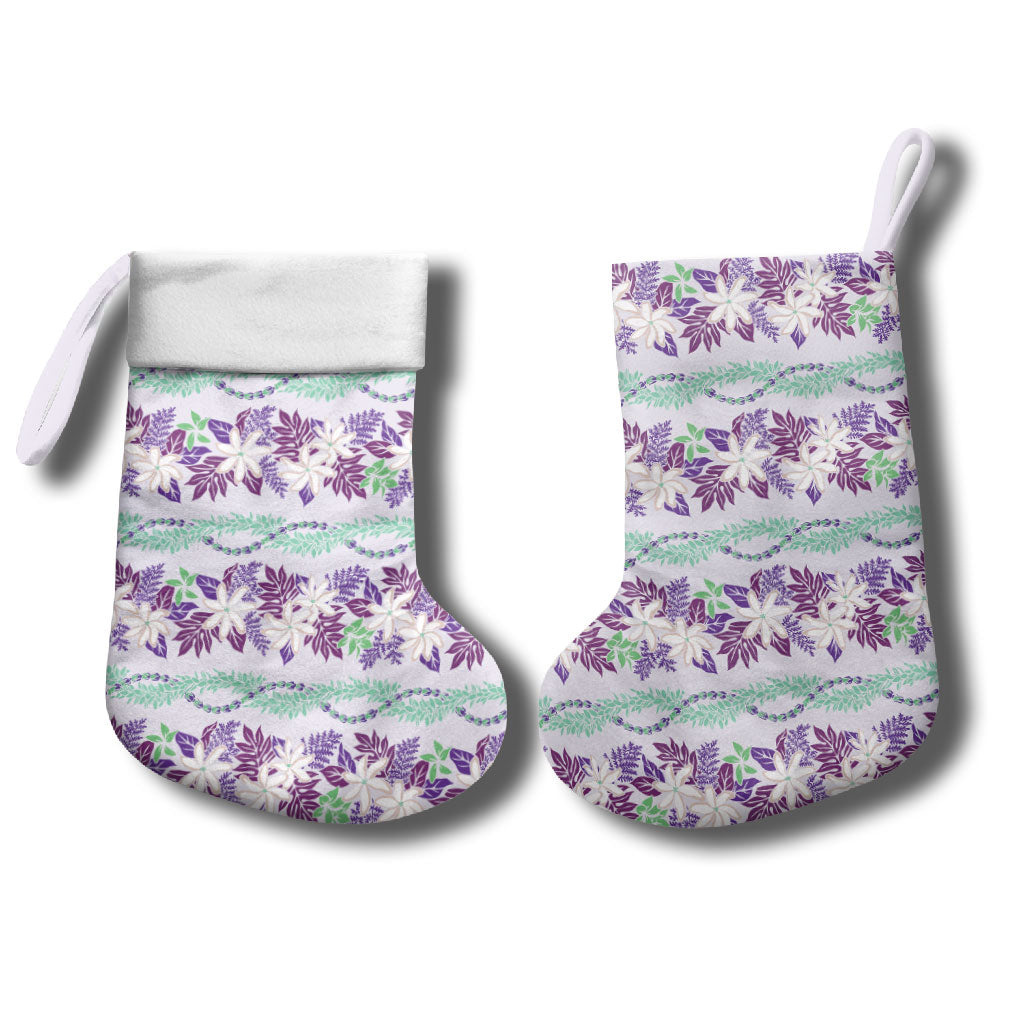 Monstera Tiare Plumeria Lei Pattern Christmas Stocking Purple Version