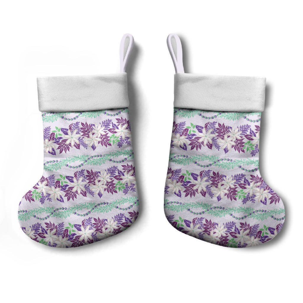 Monstera Tiare Plumeria Lei Pattern Christmas Stocking Purple Version