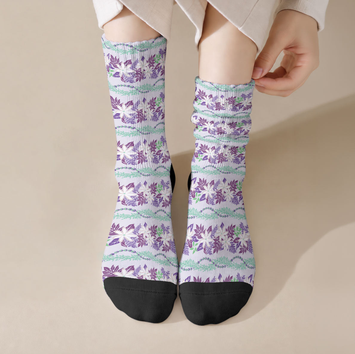 Monstera Tiare Plumeria Lei Pattern Crew Socks Purple Version LT01 Crew Socks Purple - Polynesian Pride