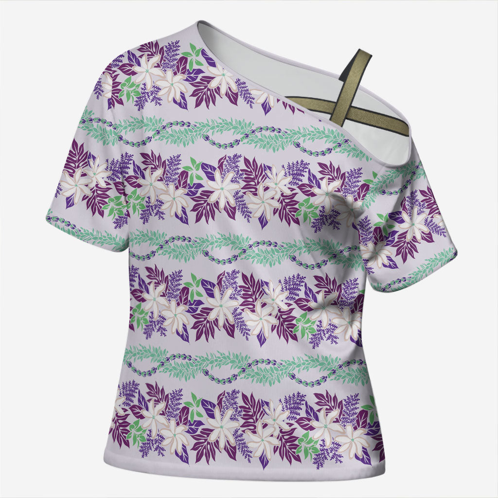 Monstera Tiare Plumeria Lei Pattern Cross Shoulder Shirt Purple Version