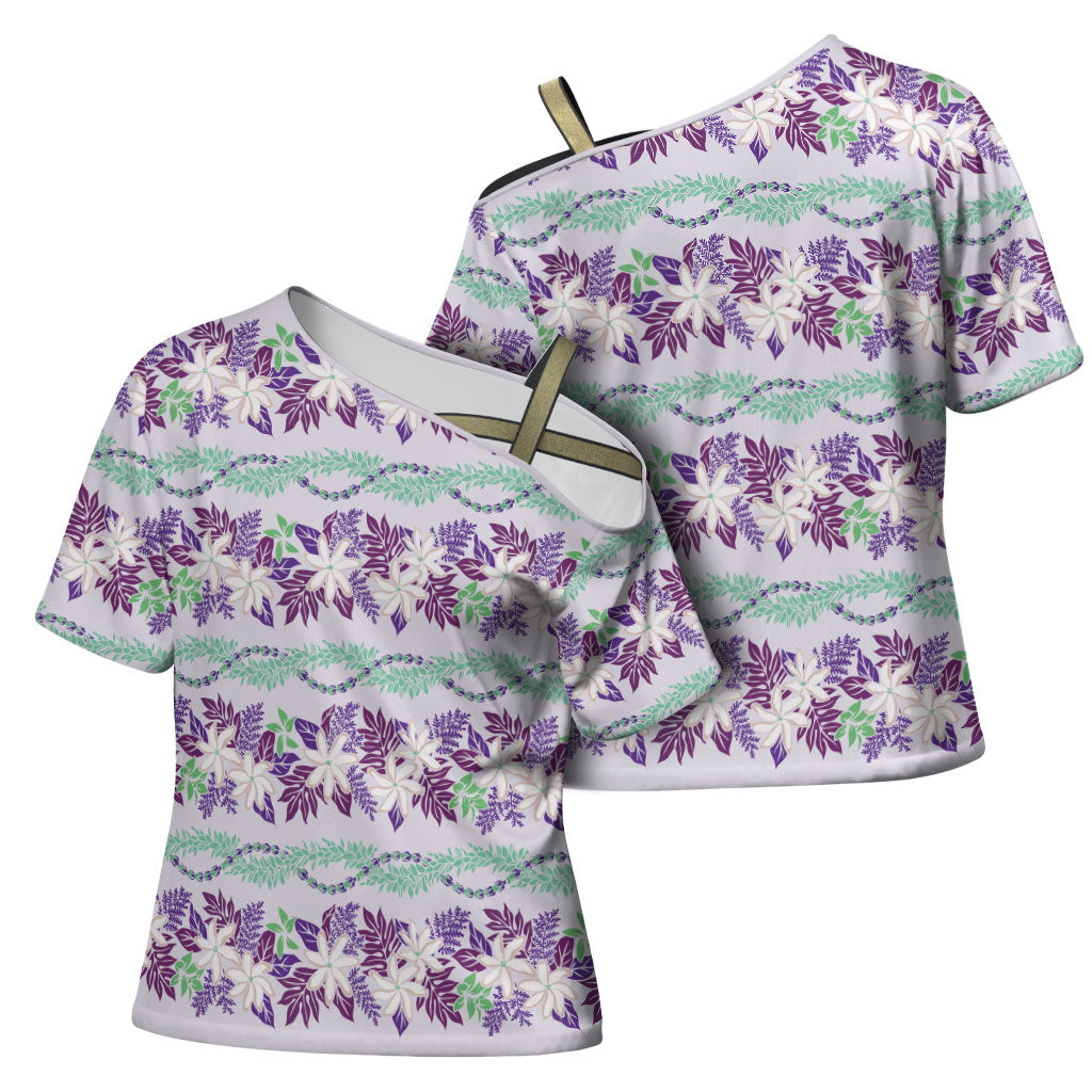 Monstera Tiare Plumeria Lei Pattern Cross Shoulder Shirt Purple Version