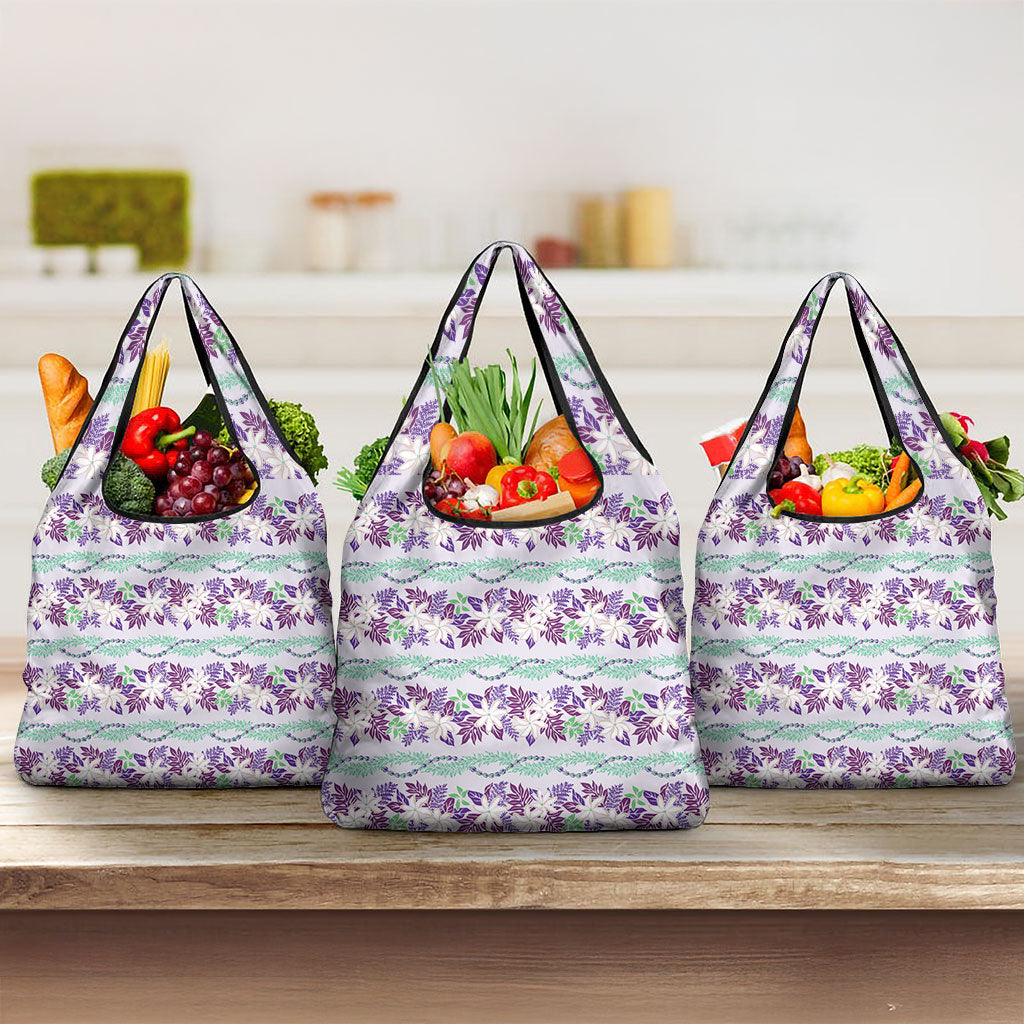 Monstera Tiare Plumeria Lei Pattern Grocery Bag Purple Version