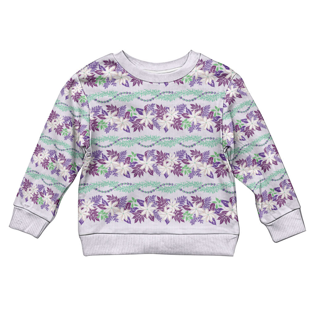 Monstera Tiare Plumeria Lei Pattern Kid Ugly Christmas Sweater Purple Version
