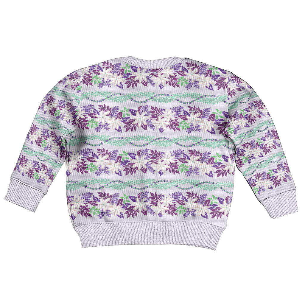 Monstera Tiare Plumeria Lei Pattern Kid Ugly Christmas Sweater Purple Version