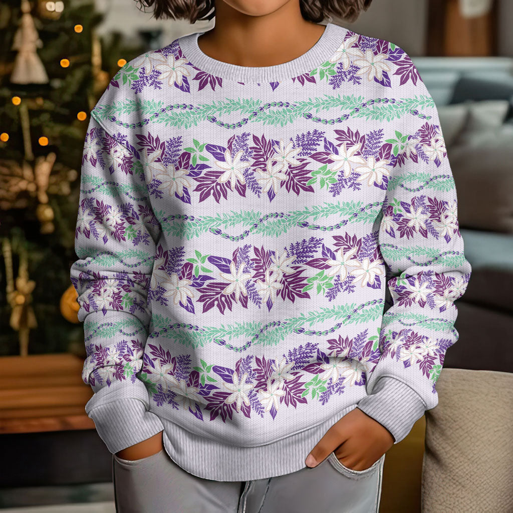 Monstera Tiare Plumeria Lei Pattern Kid Ugly Christmas Sweater Purple Version