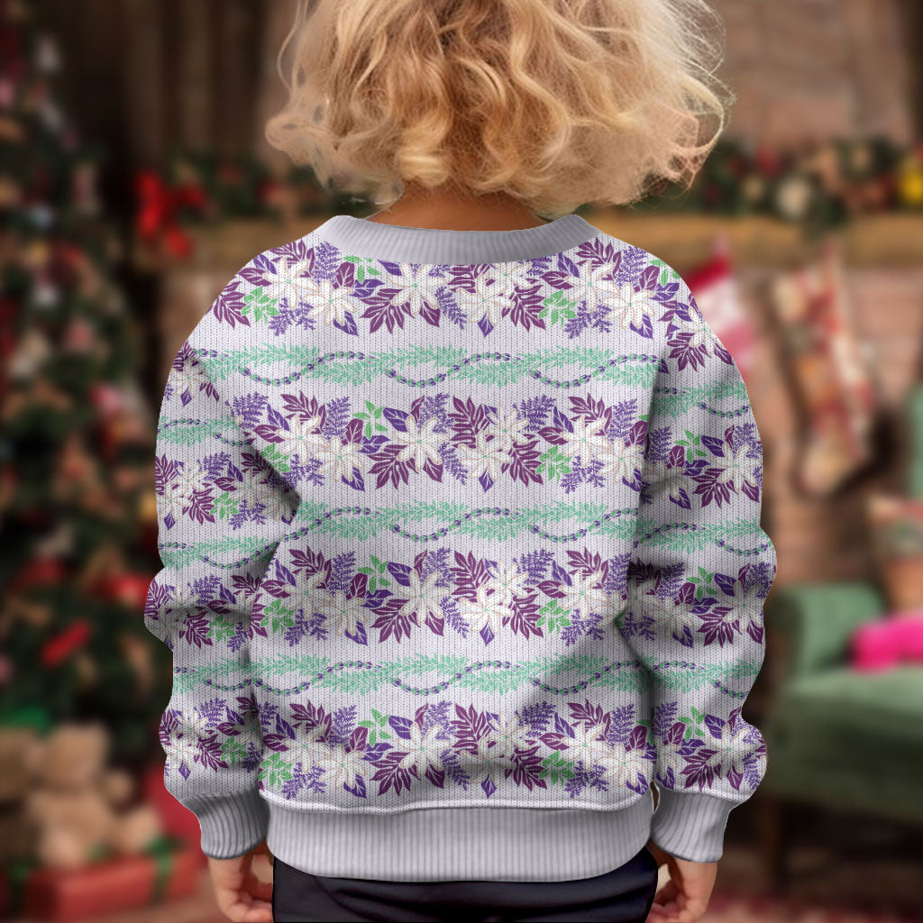 Monstera Tiare Plumeria Lei Pattern Kid Ugly Christmas Sweater Purple Version